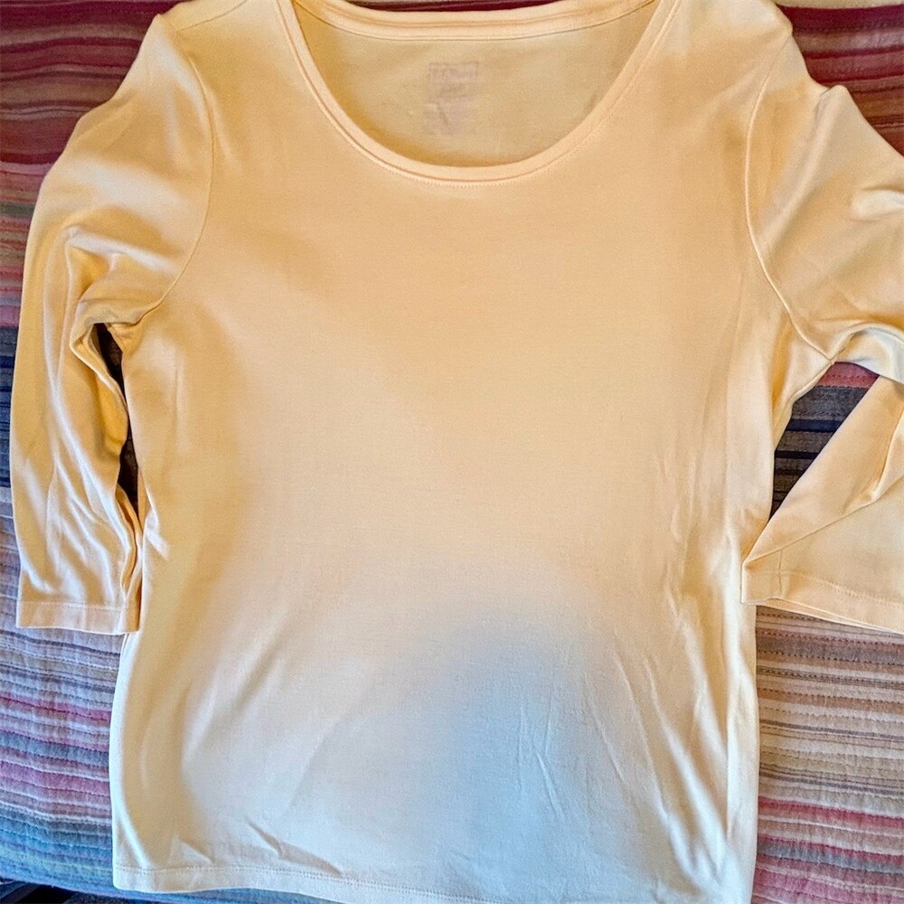 L.L.Bean Top Womens S Yellow Solid Scoop Neck 3/4 Sleeve Knit Pullover